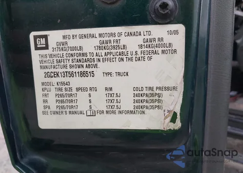 2006 Chevrolet Silverado 1500 Lt1 из США, поврежденный, VIN 2GCEK13T561186515